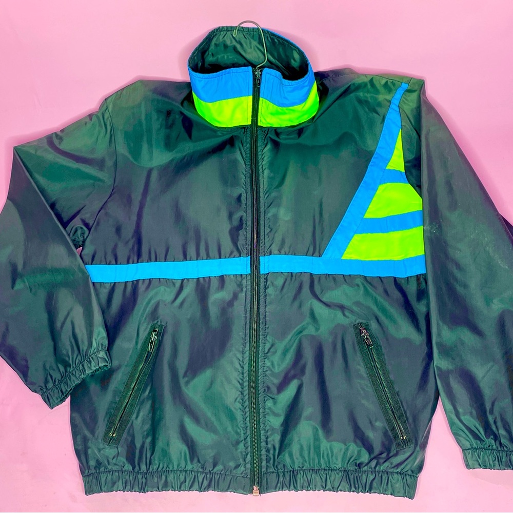 Club 21 1990s Vintage Neon Yellow, Blue and Black Windbreaker